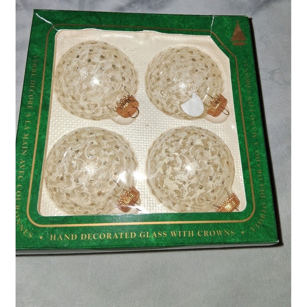 Set of 4 Hand Decorated Glass Christmas Ornaments with Crowns